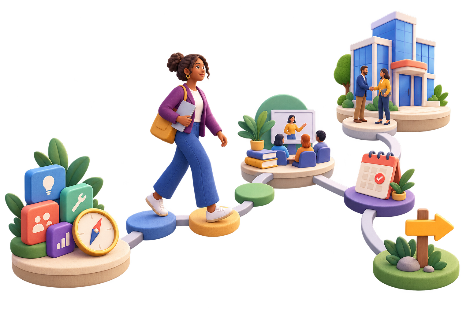 Parcours illustré reliant les compétences, la formation, la rencontre avec un employeur, les rendez-vous et l’orientation.